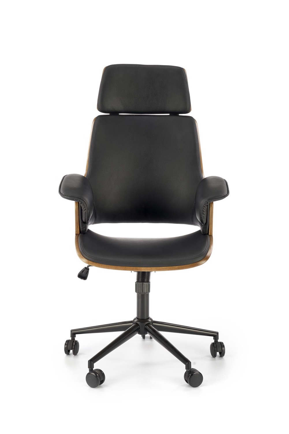 KRZESŁO BIUROWE Weber w nowoczesnym, designerskim stylu, czarna eko skóra, orzechowy tył, stylowe