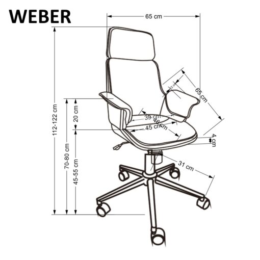 KRZESŁO BIUROWE Weber w nowoczesnym, designerskim stylu, czarna eko skóra, orzechowy tył, wymiary