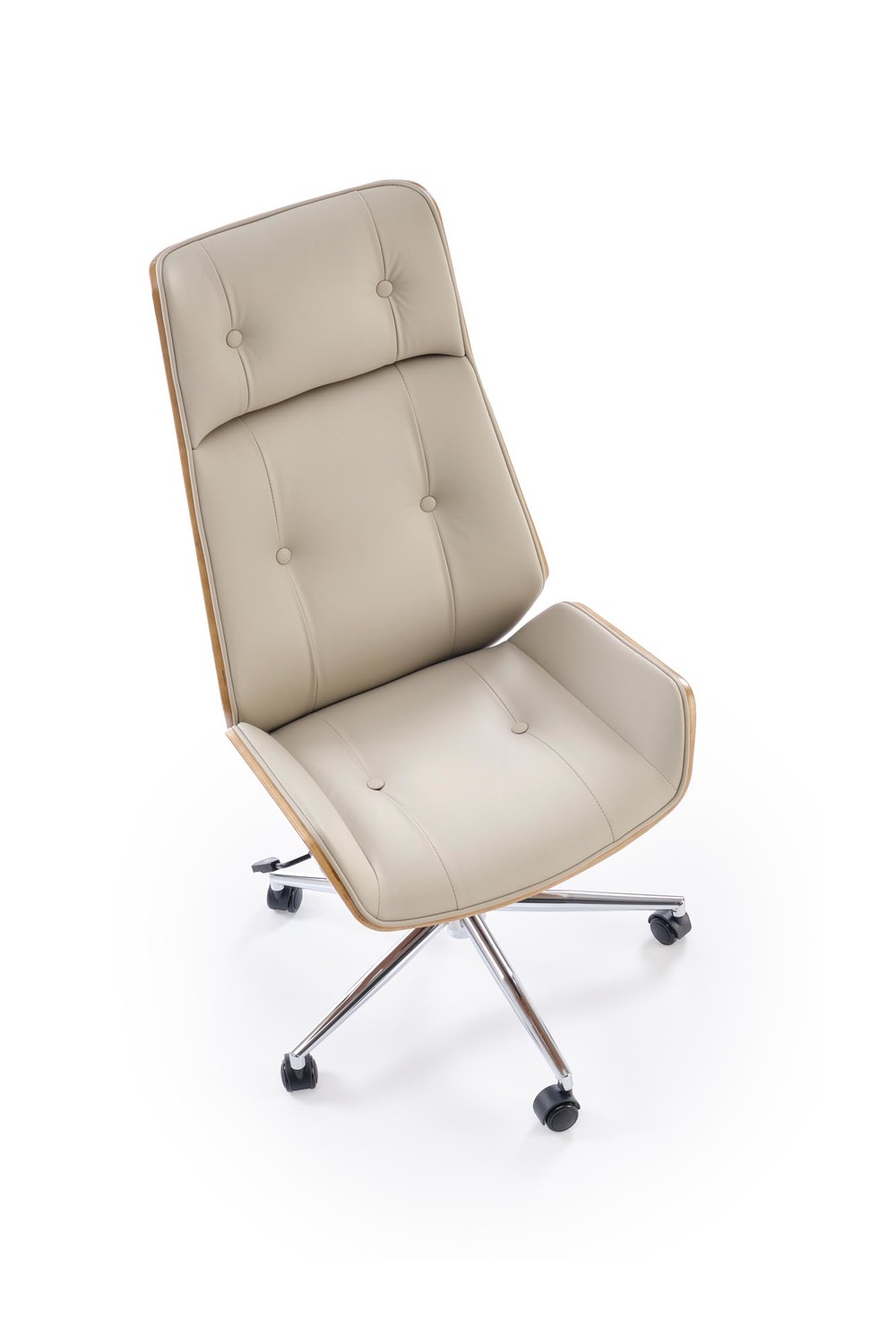 KRZESŁO BIUROWE Webster z beżową tapicerką z eko skóry i orzechowym tyłem, designerski styl, najwyższa jakość