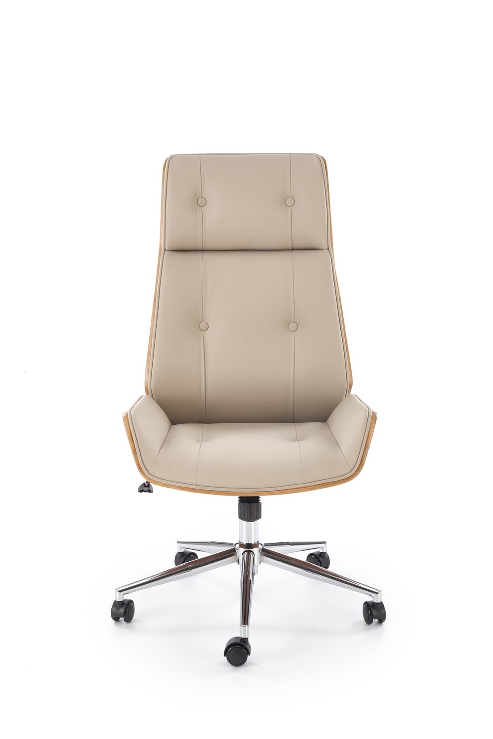 KRZESŁO BIUROWE Webster z beżową tapicerką z eko skóry i orzechowym tyłem, designerski styl, nowoczesne