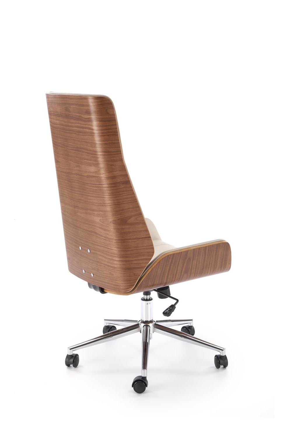 KRZESŁO BIUROWE Webster z beżową tapicerką z eko skóry i orzechowym tyłem, designerski styl, piękna
