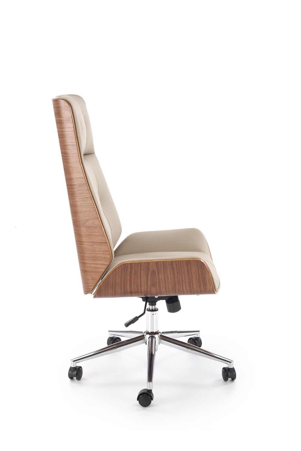 KRZESŁO BIUROWE Webster z beżową tapicerką z eko skóry i orzechowym tyłem, designerski styl, premium