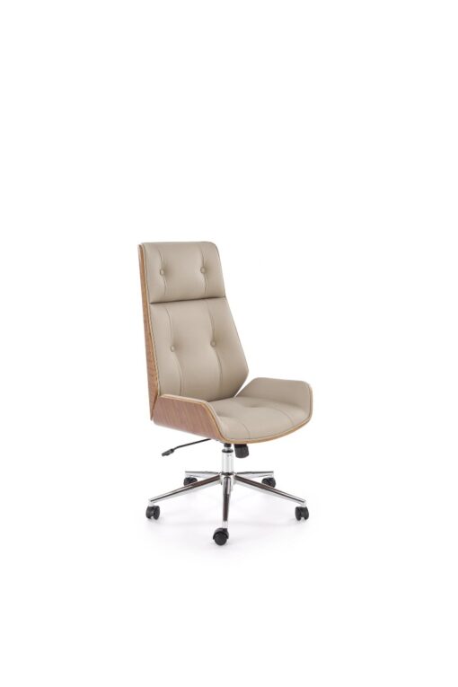 KRZESŁO BIUROWE Webster z beżową tapicerką z eko skóry i orzechowym tyłem, designerski styl