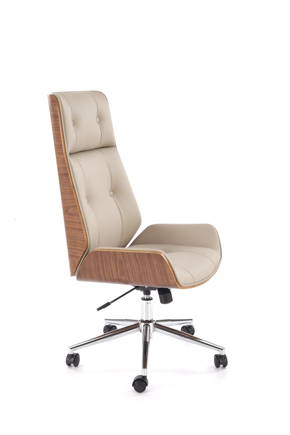 KRZESŁO BIUROWE Webster z beżową tapicerką z eko skóry i orzechowym tyłem, designerski styl, wyjątkowe