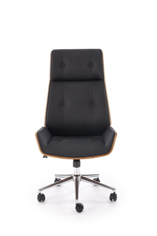 KRZESŁO BIUROWE Webster z czarną tapicerką z eko skóry i orzechowym tyłem, designerski styl, ekskluzywne