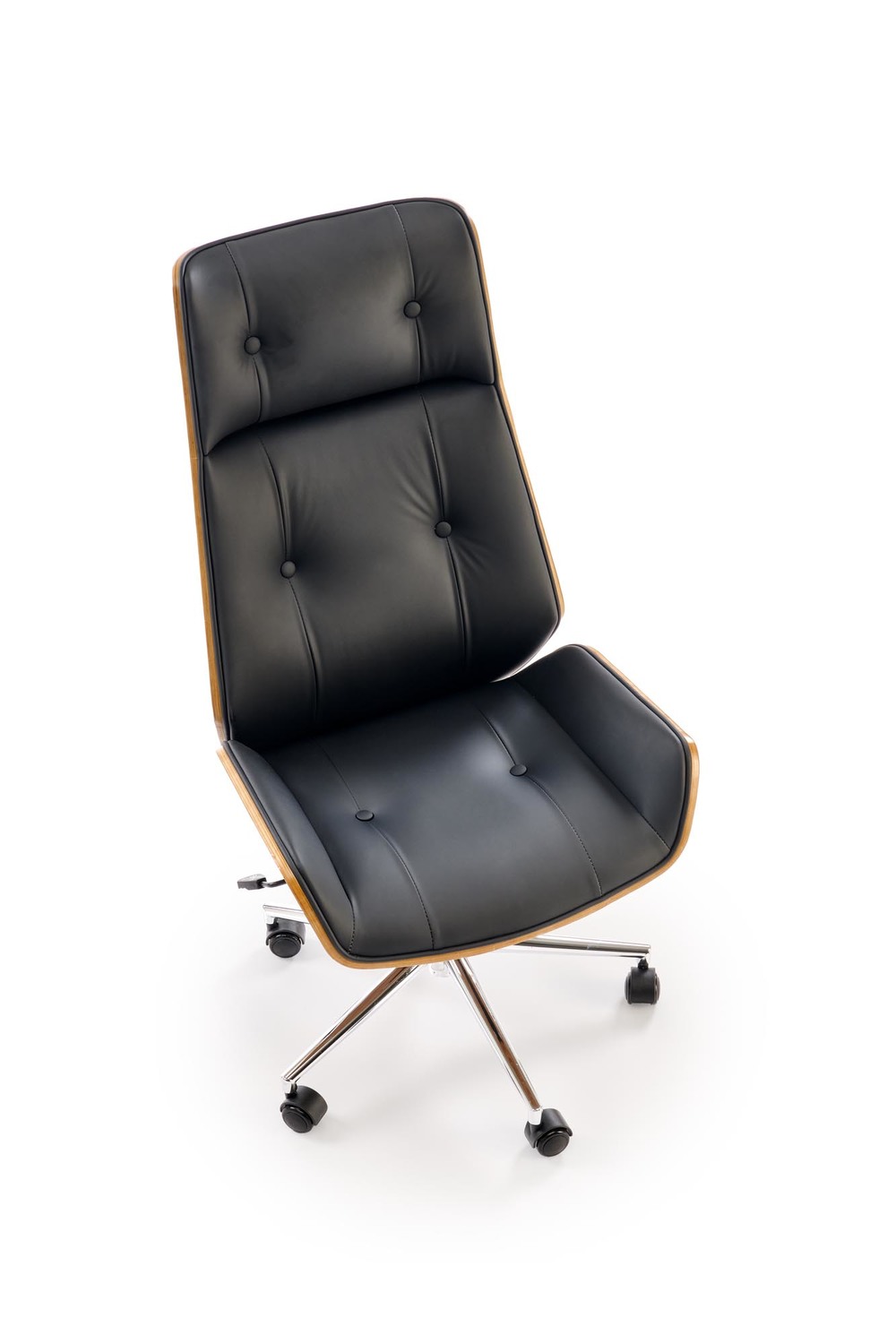 KRZESŁO BIUROWE Webster z czarną tapicerką z eko skóry i orzechowym tyłem, designerski styl, eleganckie