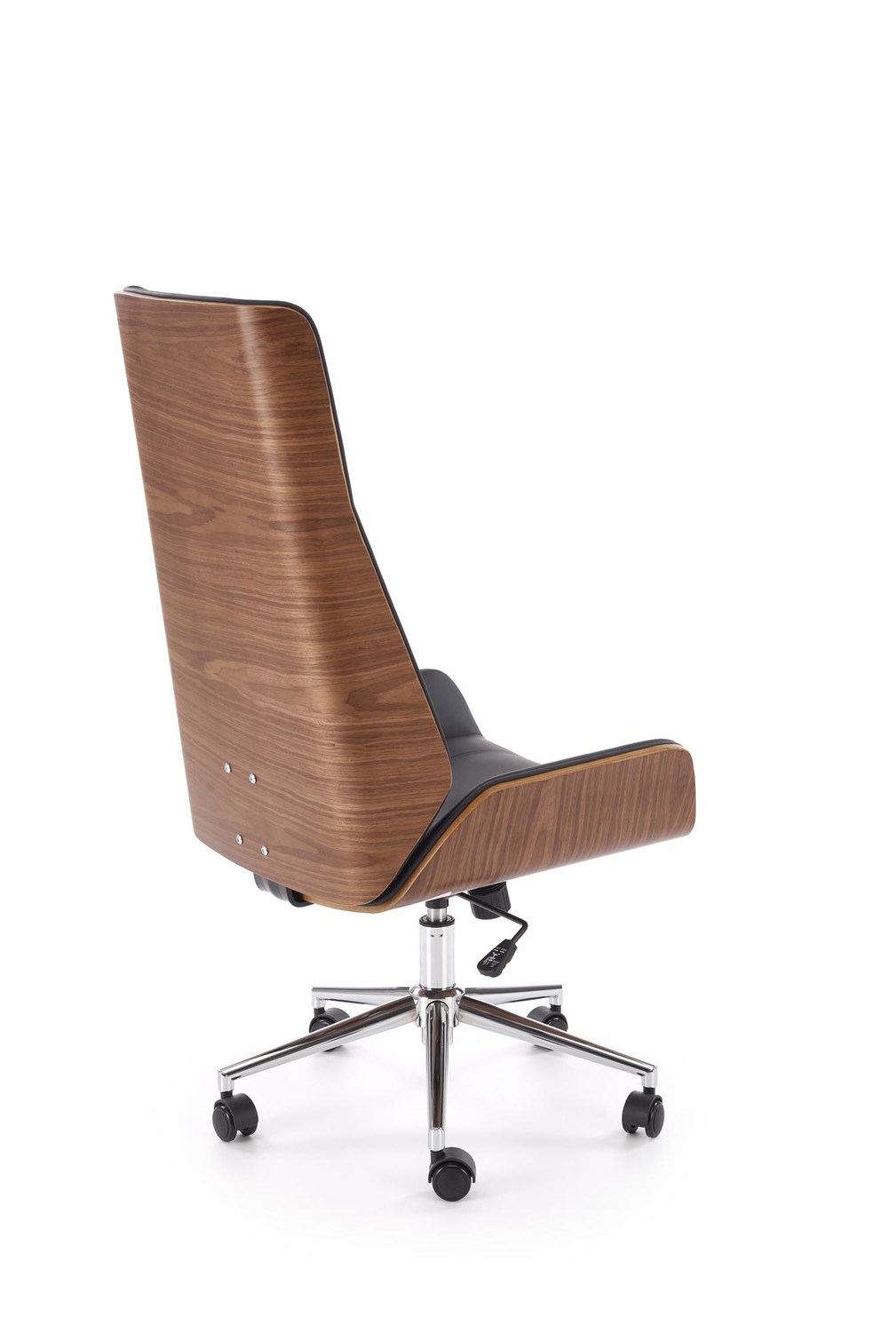 KRZESŁO BIUROWE Webster z czarną tapicerką z eko skóry i orzechowym tyłem, designerski styl, piękne