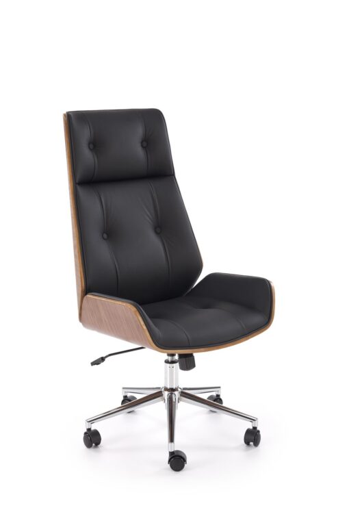 KRZESŁO BIUROWE Webster z czarną tapicerką z eko skóry i orzechowym tyłem, designerski styl, premium