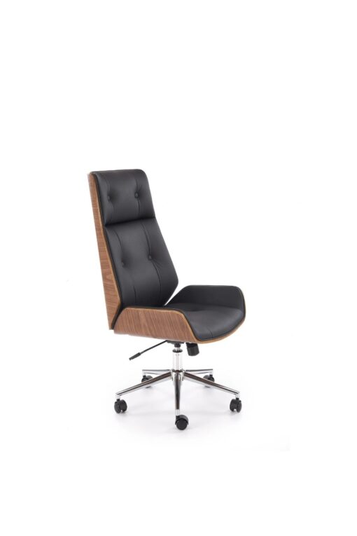 KRZESŁO BIUROWE Webster z czarną tapicerką z eko skóry i orzechowym tyłem, designerski styl