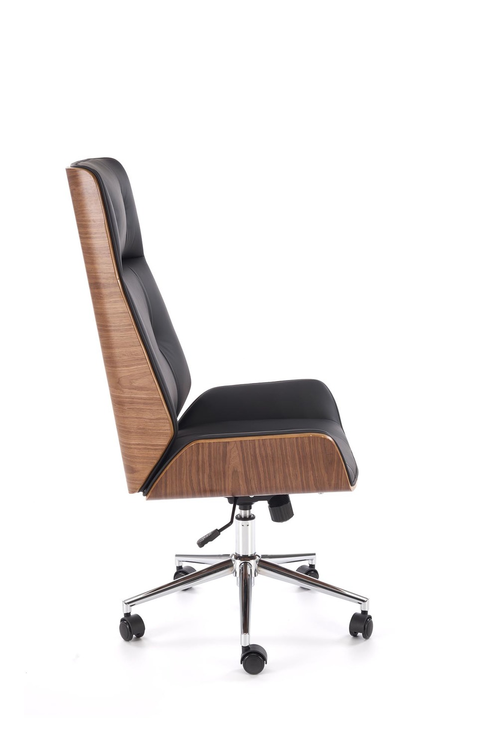 KRZESŁO BIUROWE Webster z czarną tapicerką z eko skóry i orzechowym tyłem, designerski styl, wyjątkowe