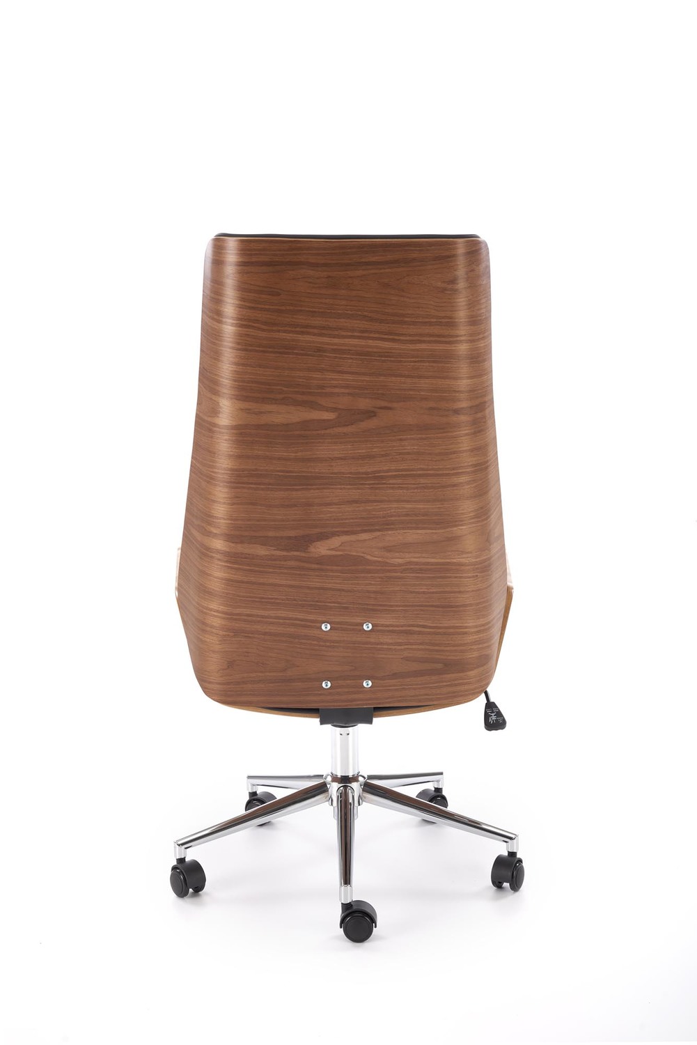 KRZESŁO BIUROWE Webster z czarną tapicerką z eko skóry i orzechowym tyłem, designerski styl, wysoka jakość