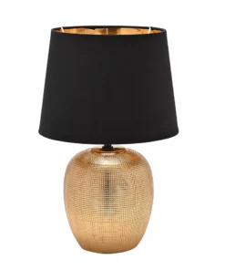 LAMPA STOŁOWA na złotej, tekstualnej podstawie, czarno-złoty abażur, nowoczesny styl