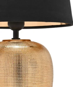 LAMPA STOŁOWA na złotej, tekstualnej podstawie, czarno-złoty abażur, nowoczesny styl, piękna