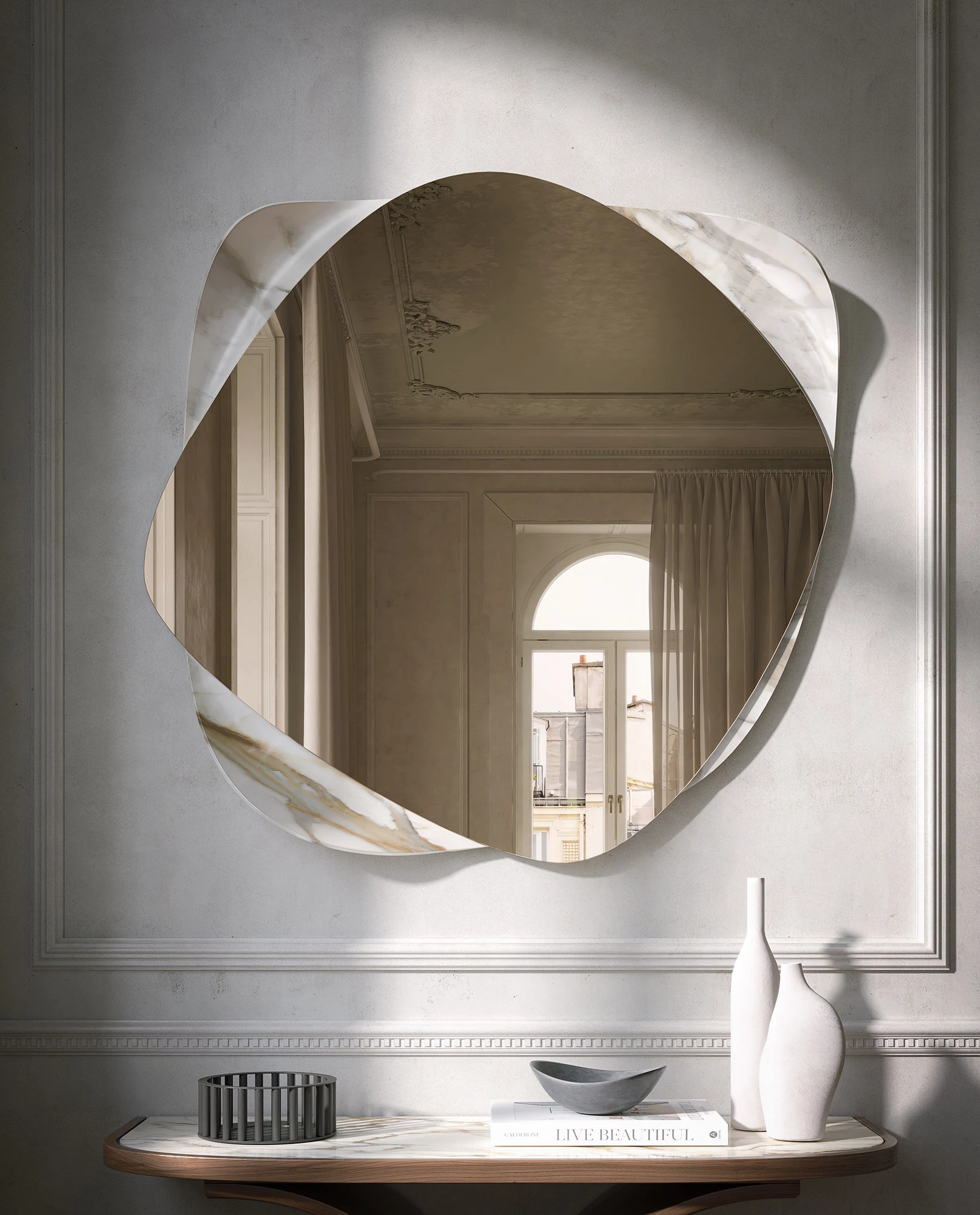 LUSTRO ŚCIENNE Galileo o nieregularnym kształcie, marmurowa baza, brązowe lustro, włoskie wykonanie, designerski styl