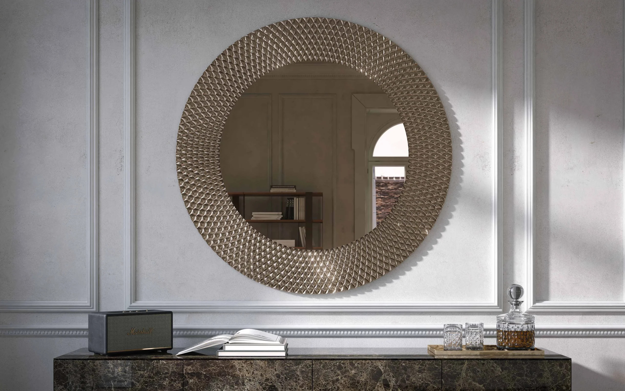 LUSTRO ŚCIENNE Pitti okrągłe, rama w geometryczne wzory, włoskie wykonanie, elegancki styl LUSTRO ŚCIENNE Pitti okrągłe, rama w geometryczne wzory, włoskie wykonanie, elegancki styl