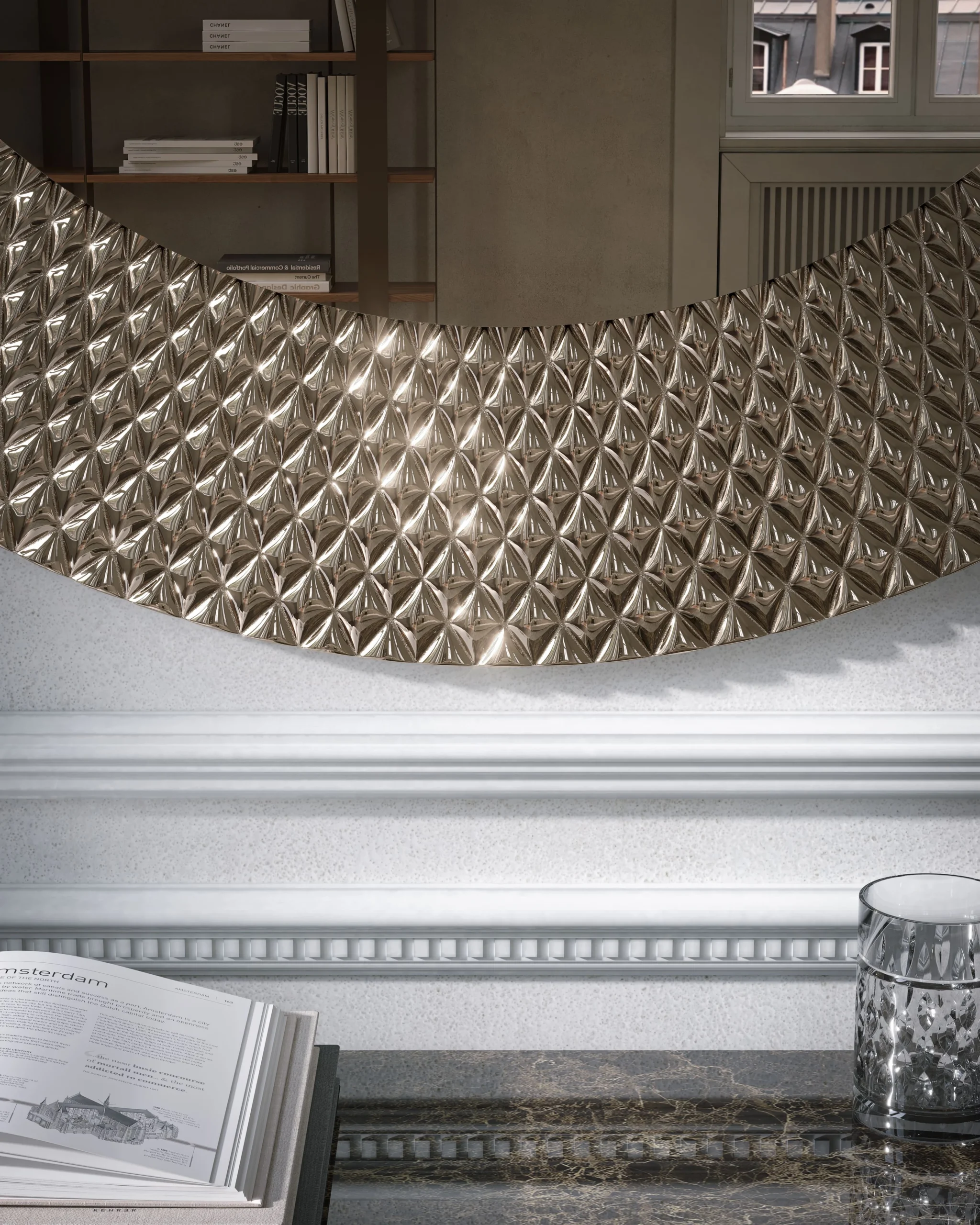 LUSTRO ŚCIENNE Pitti okrągłe, rama w geometryczne wzory, włoskie wykonanie, elegancki styl, wyjątkowe LUSTRO ŚCIENNE Pitti okrągłe, rama w geometryczne wzory, włoskie wykonanie, elegancki styl, wyjątkowe