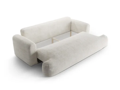 SOFA Ella z funkcją spania, tapicerka boucle w jasnobeżowym wydaniu, zaoblone kształty, designerski styl, ekskluzywna
