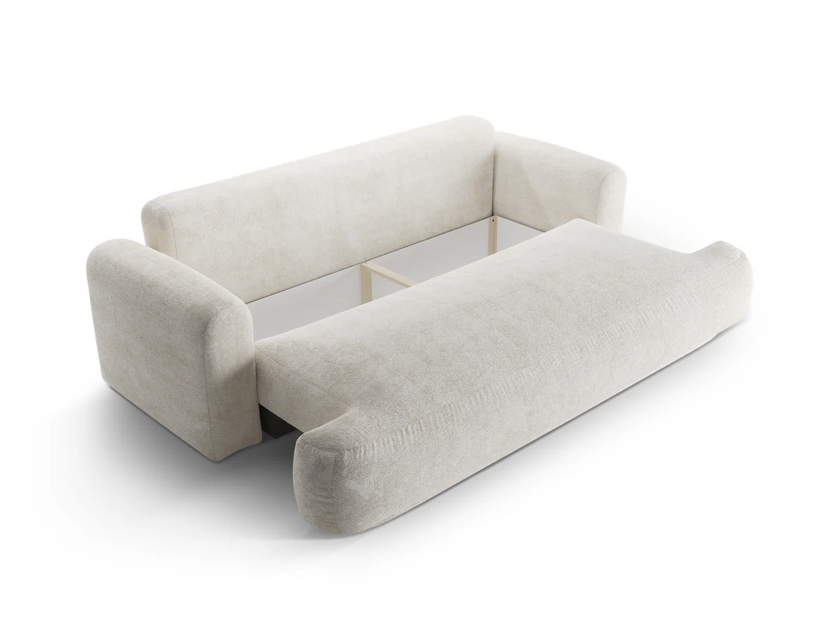 SOFA Ella z funkcją spania, tapicerka boucle w jasnobeżowym wydaniu, zaoblone kształty, designerski styl, ekskluzywna SOFA Ella z funkcją spania, tapicerka boucle w jasnobeżowym wydaniu, zaoblone kształty, designerski styl, ekskluzywna