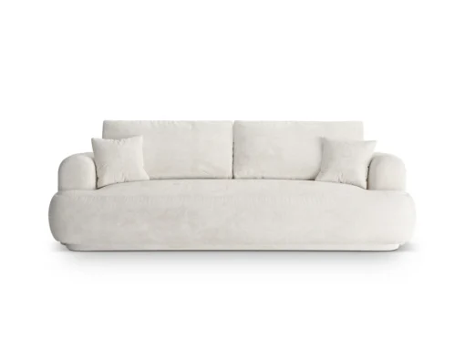 SOFA Ella z funkcją spania, tapicerka boucle w jasnobeżowym wydaniu, zaoblone kształty, designerski styl, elegancka
