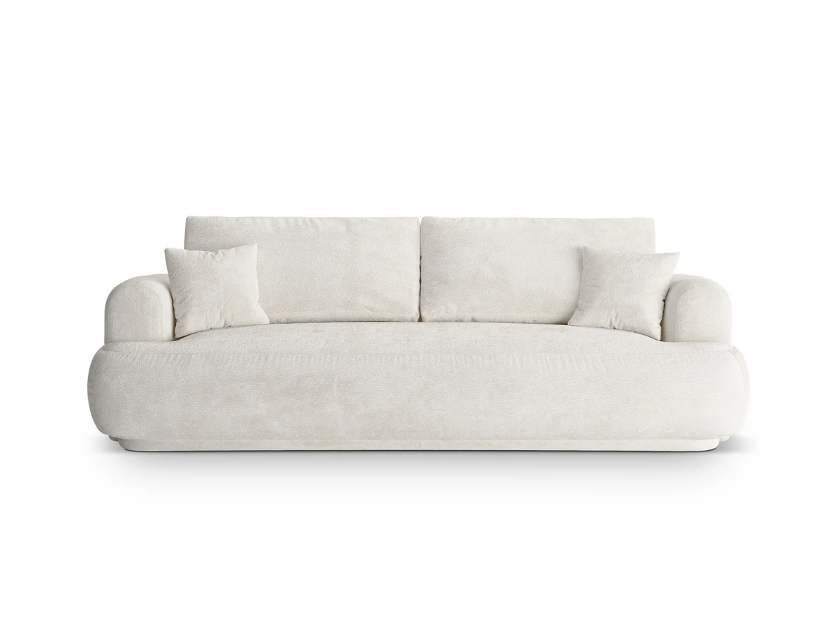 SOFA Ella z funkcją spania, tapicerka boucle w jasnobeżowym wydaniu, zaoblone kształty, designerski styl, elegancka SOFA Ella z funkcją spania, tapicerka boucle w jasnobeżowym wydaniu, zaoblone kształty, designerski styl, elegancka