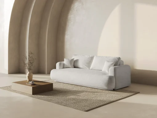 SOFA Ella z funkcją spania, tapicerka boucle w jasnobeżowym wydaniu, zaoblone kształty, designerski styl, piękna
