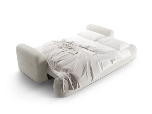SOFA Ella z funkcją spania, tapicerka boucle w jasnobeżowym wydaniu, zaoblone kształty, designerski styl, premium