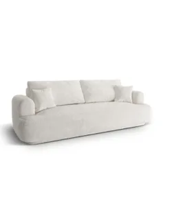SOFA Ella z funkcją spania, tapicerka boucle w jasnobeżowym wydaniu, zaoblone kształty, designerski styl