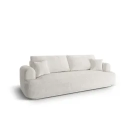 SOFA Ella z funkcją spania, tapicerka boucle w jasnobeżowym wydaniu, zaoblone kształty, designerski styl
