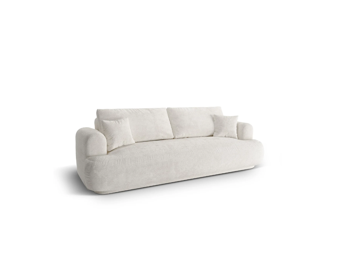 SOFA Ella z funkcją spania, tapicerka boucle w jasnobeżowym wydaniu, zaoblone kształty, designerski styl SOFA Ella z funkcją spania, tapicerka boucle w jasnobeżowym wydaniu, zaoblone kształty, designerski styl