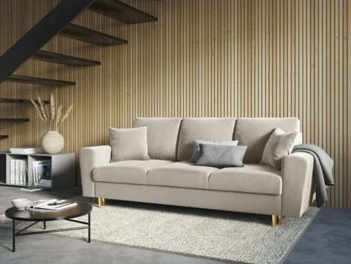 SOFA Kyoto z funkcją spania, beżowa tapicerka, złote metalowe nogi, nowoczesny styl-1