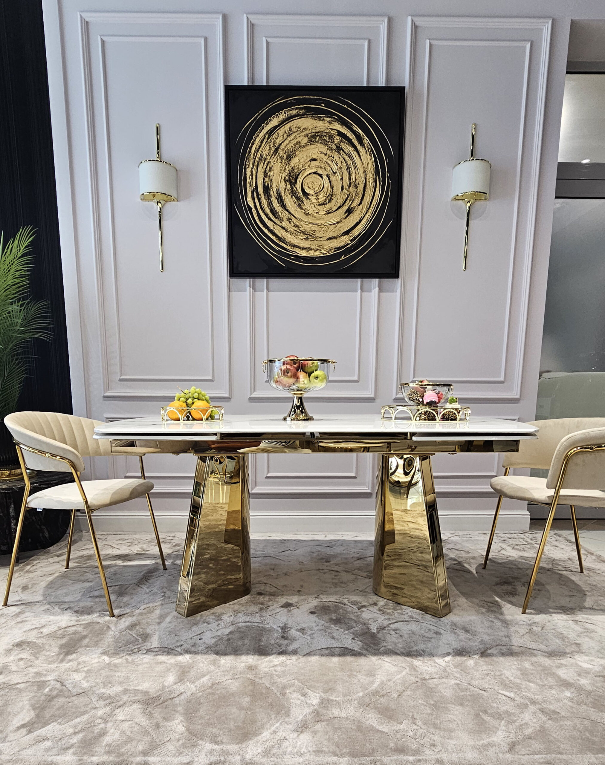 STÓŁ JADALNIANY prostokątny, złote metalowe nogi, biały, rozkładany blat, nowoczesny styl glamour, piękny