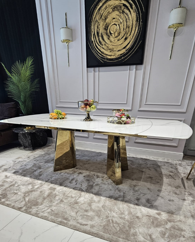 STÓŁ JADALNIANY prostokątny, złote metalowe nogi, biały, rozkładany blat, nowoczesny styl glamour