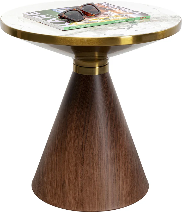 STOLIK POMOCNICZY z brązową podstawą, biały ceramiczny blat, złote stalowe dodatki, nowoczesny styl 50 cm, piękny