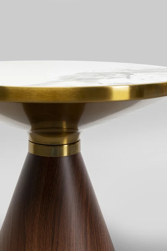 STOLIK POMOCNICZY z brązową podstawą, biały ceramiczny blat, złote stalowe dodatki, nowoczesny styl 50 cm, premium