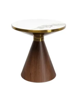 STOLIK POMOCNICZY z brązową podstawą, biały ceramiczny blat, złote stalowe dodatki, nowoczesny styl 50 cm