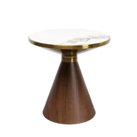 STOLIK POMOCNICZY z brązową podstawą, biały ceramiczny blat, złote stalowe dodatki, nowoczesny styl 50 cm