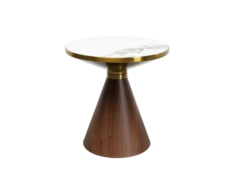 STOLIK POMOCNICZY z brązową podstawą, biały ceramiczny blat, złote stalowe dodatki, nowoczesny styl 50 cm