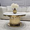 STOLIK złoty z rurek Riviera 2w1 złota, designerska podstawa, biały blat z konglomeratu, nowoczesny styl elegancki