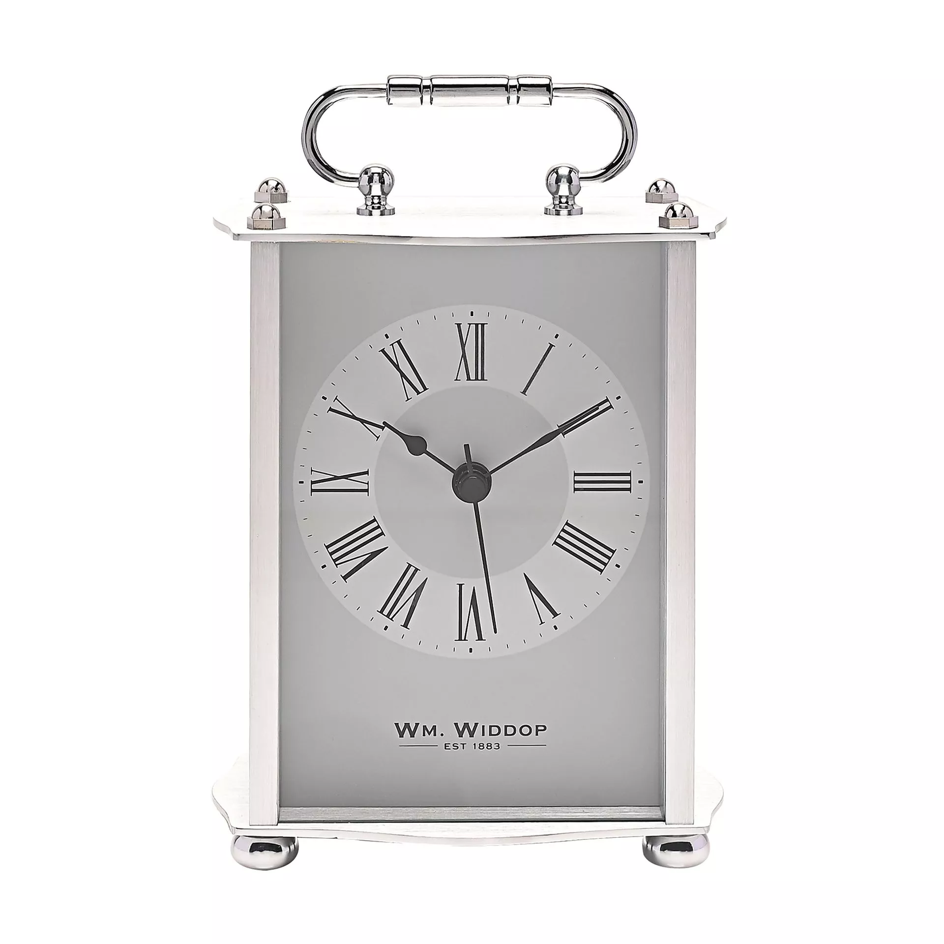 ZEGAR STOJĄCY prostokątny, srebrny metalowy korpus z uchwytem, biała tarcz, klasyczny styl ZEGAR STOJĄCY prostokątny, srebrny metalowy korpus z uchwytem, biała tarcz, klasyczny styl