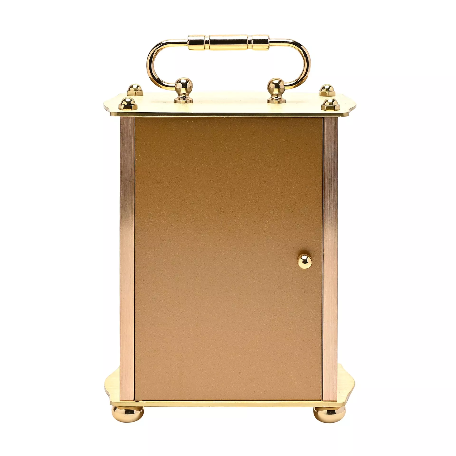 ZEGAR STOJĄCY prostokątny, złoty metalowy korpus z uchwytem, biała tarcz, klasyczny styl, ekskluzywny