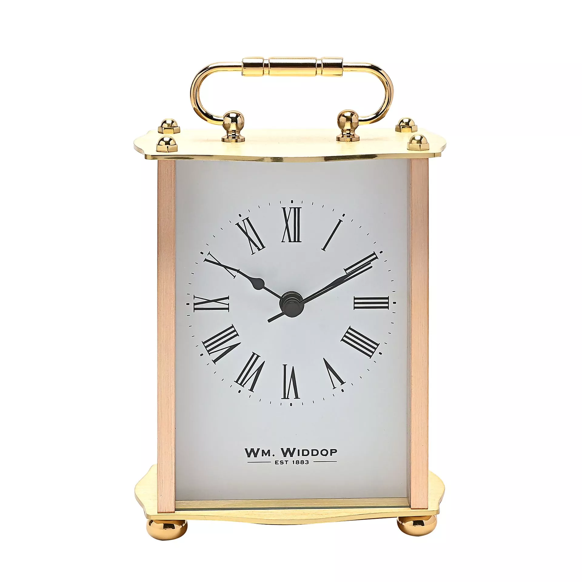 ZEGAR STOJĄCY prostokątny, złoty metalowy korpus z uchwytem, biała tarcz, klasyczny styl