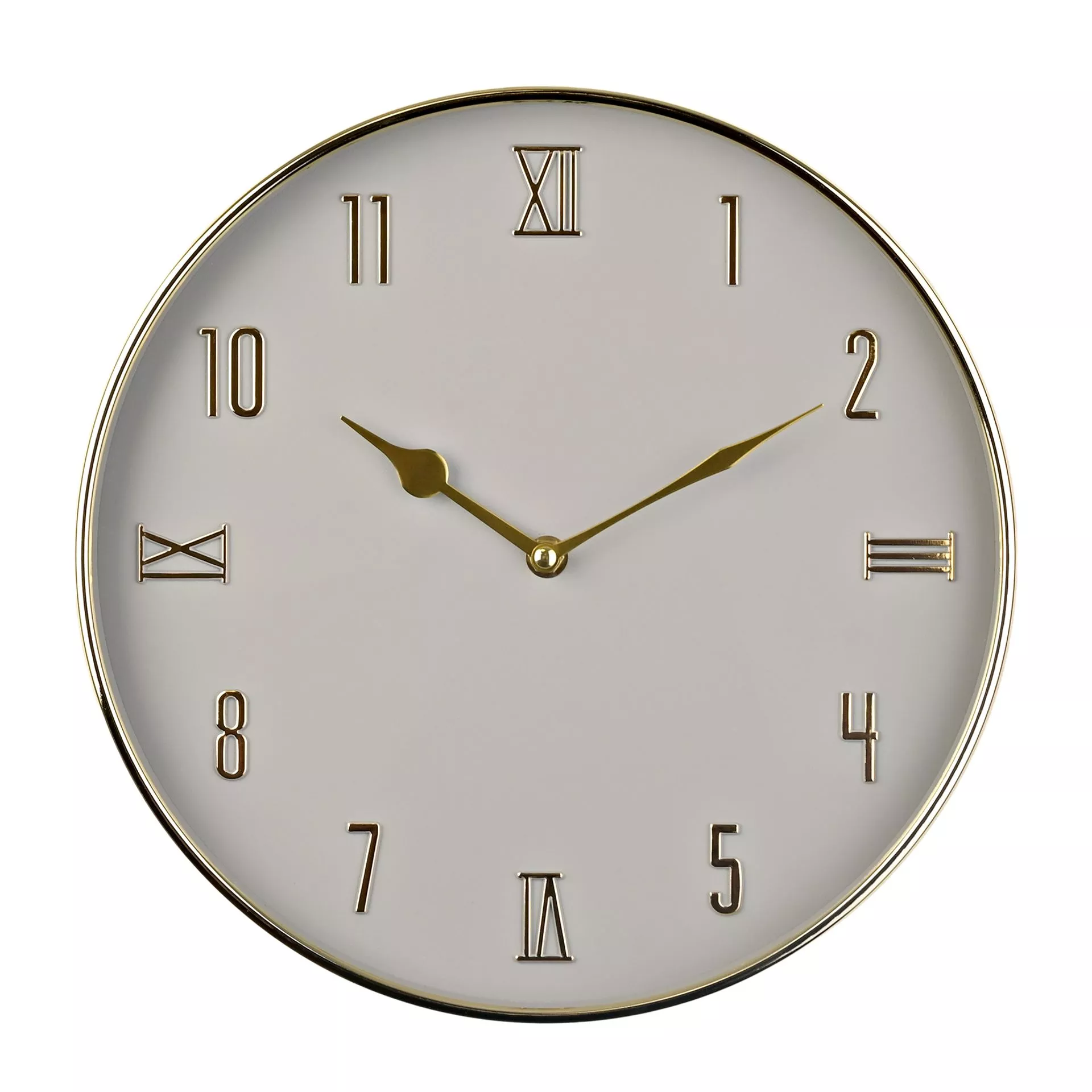 ZEGAR WISZĄCY okrągły, złota metalowa obręcz, szara tarcz, złote wskazówki, nowoczesny styl ZEGAR WISZĄCY okrągły, złota metalowa obręcz, szara tarcz, złote wskazówki, nowoczesny styl