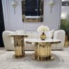 Zestaw stolików złotych błyszczących z rurek Riviera 2w1 złota, designerska podstawa, biały blat z konglomeratu, nowoczesny styl glamour wyjątkowy elegancki piękny