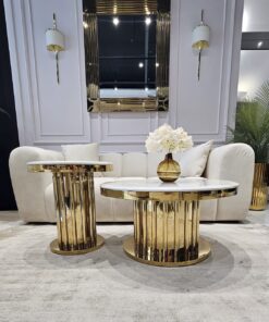 Zestaw stolików złotych błyszczących z rurek Riviera 2w1 złota, designerska podstawa, biały blat z konglomeratu, nowoczesny styl glamour wyjątkowy elegancki piękny