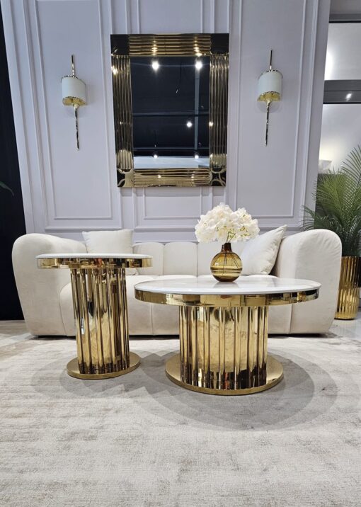 Zestaw stolików złotych błyszczących z rurek Riviera 2w1 złota, designerska podstawa, biały blat z konglomeratu, nowoczesny styl glamour wyjątkowy elegancki piękny