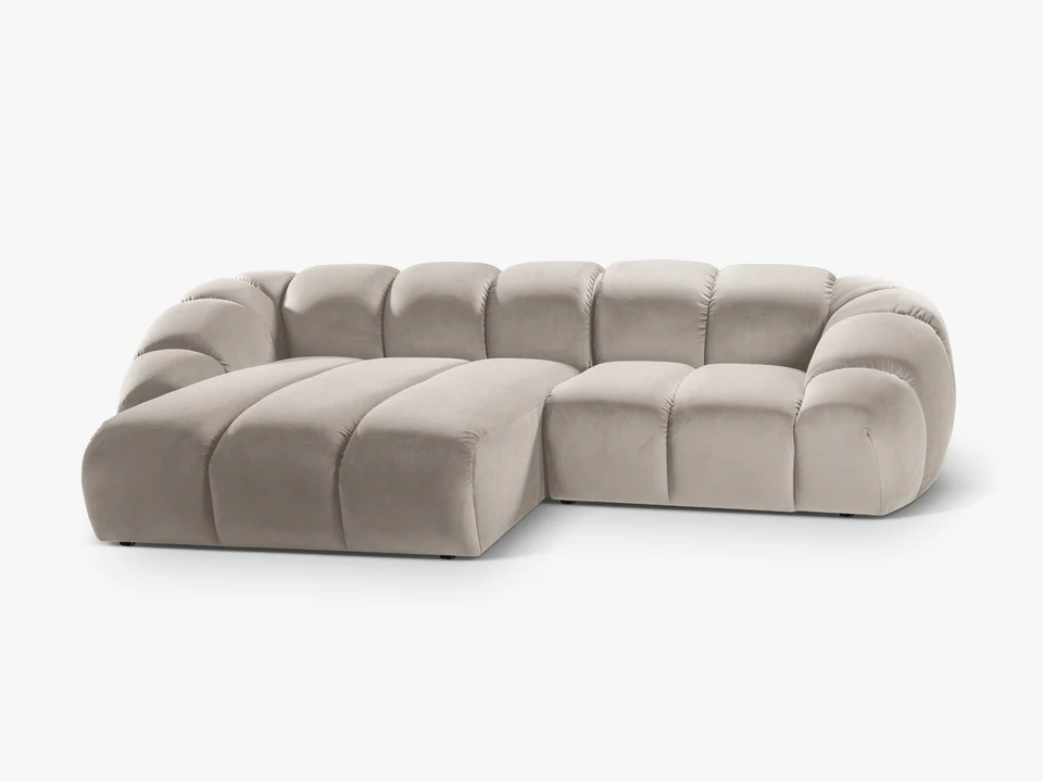 NAROŻNIK 3-osobowy Diana z designerskimi, zaoblonymi kształtami i przeszyciami, beżowa tkanina, możliwość wyboru strony, piękny NAROŻNIK 3-osobowy Diana z designerskimi, zaoblonymi kształtami i przeszyciami, beżowa tkanina, możliwość wyboru strony, piękny