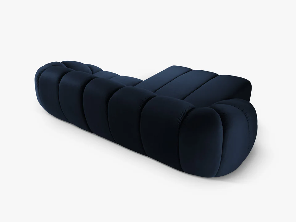 NAROŻNIK 3-osobowy Diana z designerskimi, zaoblonymi kształtami i przeszyciami, ciemnoniebieska tkanina, możliwość wyboru strony, ekskluzywny