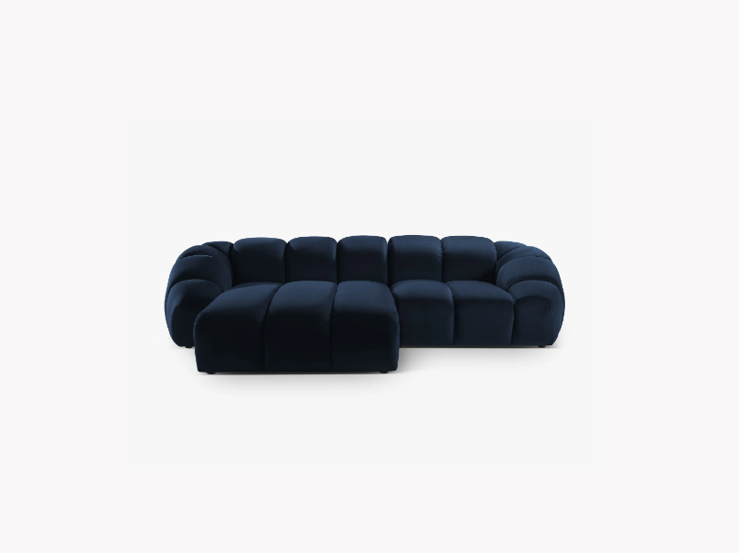 NAROŻNIK 3-osobowy Diana z designerskimi, zaoblonymi kształtami i przeszyciami, ciemnoniebieska tkanina, możliwość wyboru strony