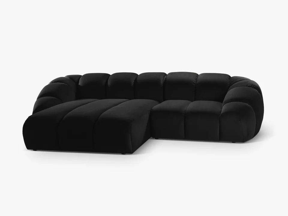 NAROŻNIK 3-osobowy Diana z designerskimi, zaoblonymi kształtami i przeszyciami, czarna tkanina, możliwość wyboru strony, piękny NAROŻNIK 3-osobowy Diana z designerskimi, zaoblonymi kształtami i przeszyciami, czarna tkanina, możliwość wyboru strony, piękny