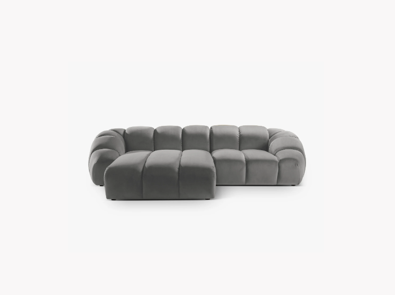 NAROŻNIK 3-osobowy Diana z designerskimi, zaoblonymi kształtami i przeszyciami, szara tkanina możliwość wyboru strony NAROŻNIK 3-osobowy Diana z designerskimi, zaoblonymi kształtami i przeszyciami, szara tkanina możliwość wyboru strony